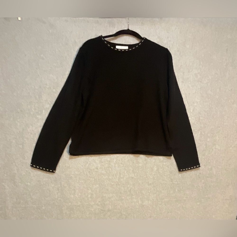 Chadwick’s Black Knit Sweater Contrast Stitch Neck Cuffs Minimalist Workwear SzM